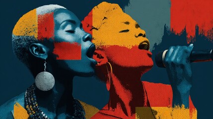 Illustration celebrates Black voices poetry. Two women sing into microphone, artistic bold colorful line art. Concept of expression, connection, community. Diverse voices, heritage. Art, performance,