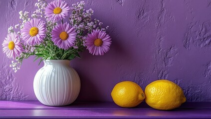 Purple wall with flowers, and lemons still life.