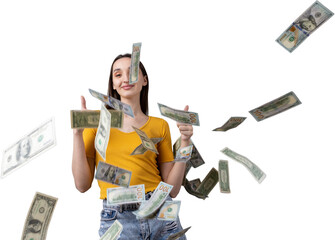 Photo of a wealthy woman in simple clothes holding a fan of dollar money isolated against a...