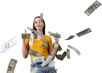 Photo of a wealthy woman in simple clothes holding a fan of dollar money isolated against a concrete wall background