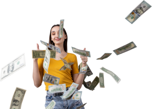 Photo of a wealthy woman in simple clothes holding a fan of dollar money isolated against a concrete wall background