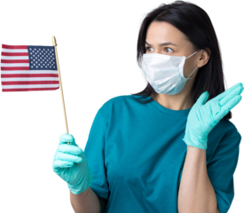A girl in a medical mask and gloves holds an American flag in her hands. Coronavirus concept. Protect your health. .Stop the threat of a pandemic.