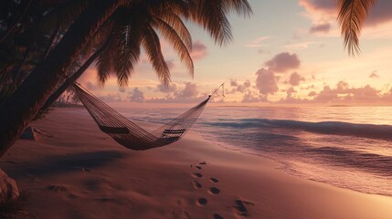 Serene Sunset Beach Hammock Scene Tranquil Tropical Paradise Vacation