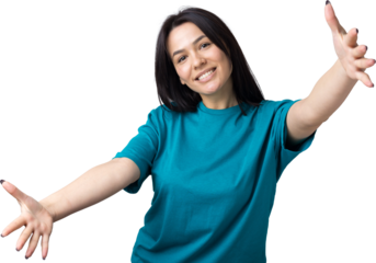 Portrait of attractive young woman wants to hug you, isolated on grey background.