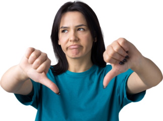 Young brunette in a blue tank top giving thumb down gesture looking with negative expression