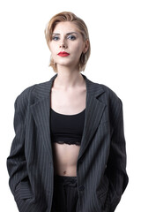 Portrait of a seductive, stylish business lady in the studio. Blonde girl in a suit and top.