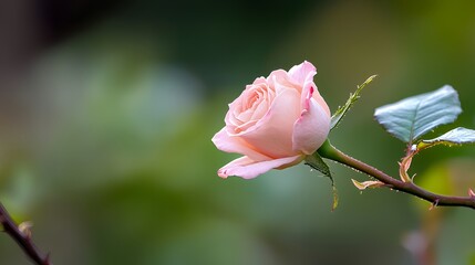 Pale Pink Rose Bud Blooming on Stem with Green Foliage