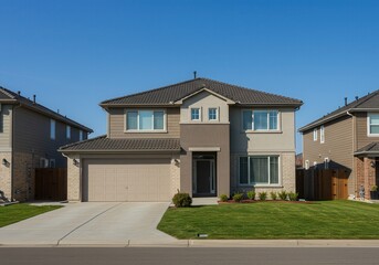 Beautiful Suburban House Modern Design Two Story Home Exterior Lawn Gray Roof Brick Beige Garage