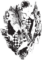 A stylized textured depiction of a whimsical creature amidst tangled branches and a moon.