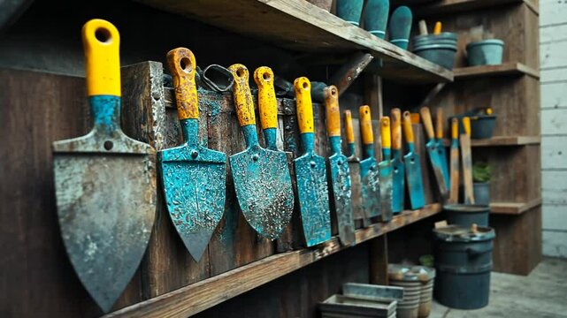 Vintage garden tools on wooden shelves