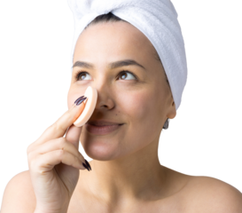 Beauty portrait of woman in white towel on head with a sponge for a body in view of a pink heart. Skincare cleansing eco organic cosmetic spa relax concept.