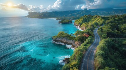 Coastal Road Paradise: Breathtaking Aerial View of Turquoise Ocean, Lush Green Cliffs, and Winding Road