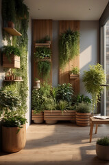 Fototapeta premium Modern home with indoor vertical garden on the wall, warm light