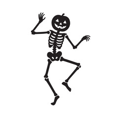 Skeleton Dancing with Pumpkin Head Silhouette, Smooth Halloween Fun Scene Vector