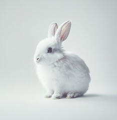 Obraz premium Adorable white rabbit, sitting calmly against a soft, light gray backdrop. Its fluffy white fur, large, alert eyes, and delicate ears create a captivating image of innocence and purity
