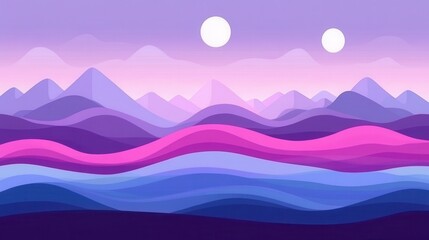 Pixelated mountain landscape with two moons and serene purple gradient sky for retro gaming or stylized digital design projects
