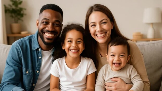 Happy diverse family smiling together at home with children, showcasing love and joy in a cozy living room setting