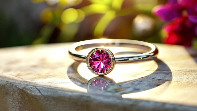 A pink gemstone ring sits on a wooden surface, bathed in warm sunlight amongst blurred flowers