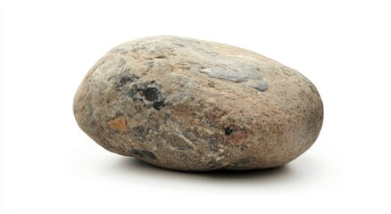 Oval-shaped stone, variegated in muted colors, with embedded dark spots, resting on a plain white background