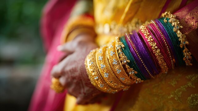 Bride's wrist covered in colorful bangles and gold kadas, captured during a wedding ritual