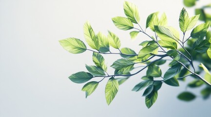 Delicate green leaves on branches against a light background.  Soft sunlight illuminates fresh foliage