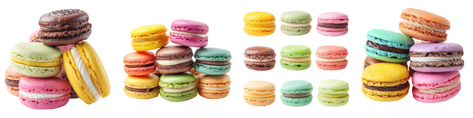 Macarons Set, Colorful almond meringue cookies with creamy filling, Sweet Treats, isolated on white background or PNG transparent Background