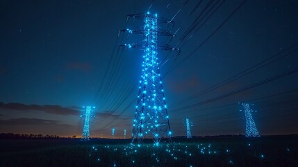 Illuminated Power Lines Under a Starry Night Sky