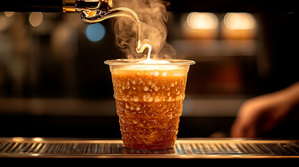 Hot Coffee Pouring into Plastic Cup with Steam at a Cafe