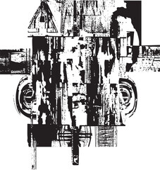 Fototapeta premium A fragmented monochrome cityscape composed of geometric shapes and architectural elements.