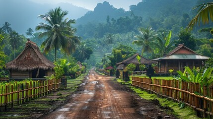 Serene Village Path in Lush Tropical Landscape