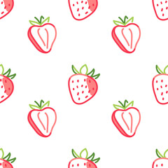Cute strawberries seamless pattern on white background. Hand drawn cartoon style illustration of summer berries