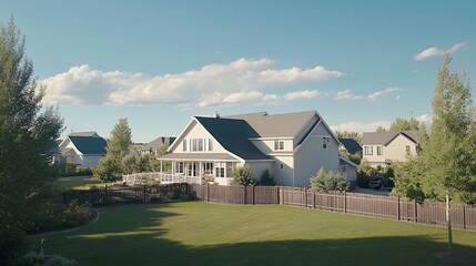 Obraz premium An idyllic family home with a sprawling lawn and picturesque neighborhood scenery