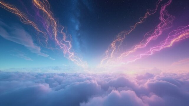 A breathtaking cloudscape of atmospheric drama and light, with ribbons of lightning slicing through the air. The scene's gradient colors create a dreamlike atmosphere. 