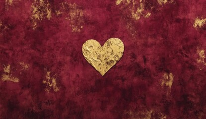 Gold heart on textured burgundy background.  A  gold heart shape sits atop a deep burgundy, marbled surface