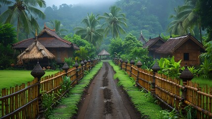 Serene Tropical Village Pathway: Lush Greenery, Bamboo Fences, and Traditional Houses