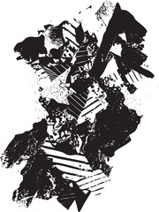 A dynamic fragmented black and white abstract composition with sharp angular forms.