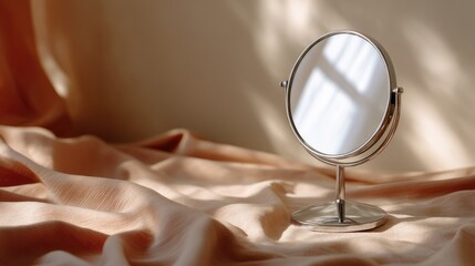 Circular makeup mirror with a sophisticated, slim frame, isolated on a soft, neutral backdrop to enhance its elegance