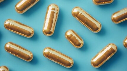 Golden Capsules on Blue Background: Health Supplement Concept