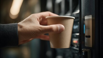 Modern technology, on, the, go lifestyle, caffeine fix, and efficiency, hand reaching for a paper coffee cup from an automated vending machine, convenience and quick service in getting a hot beverage