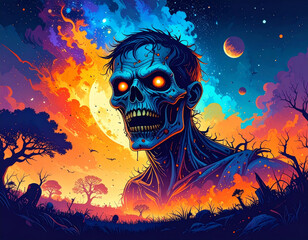 Frightening undead zombie figure with glowing eyes emerging from a fiery apocalyptic landscape under a dramatic night sky with planets and colorful cosmic clouds.