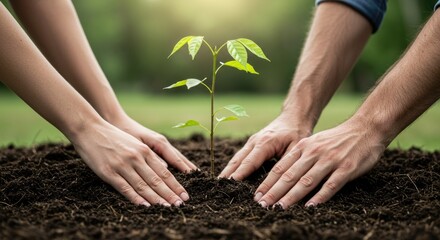 Fototapeta premium a closeup hand is planting a grown small plant and add compost around the plants