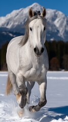 Obraz premium Majestic white horse galloping across snowy landscape, mountain backdrop