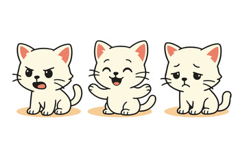 A set of three adorable cartoon-style cream-colored kittens, each displaying a different emotion