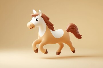 3D rendered cute horse in motion against a light beige backdrop.