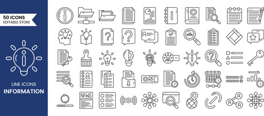 Information line editable icon set. Containing info center, help, guide, support, news, about us, manual and more. Vector illustration