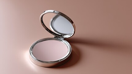 Close-up of a circular makeup mirror with adjustable settings, isolated on a muted background for a minimalist look
