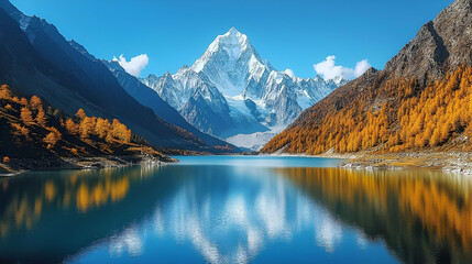 Majestic Snowcapped Mountain Reflected in a Calm Autumn Lake