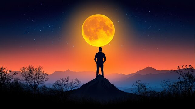 Pixelated man silhouette under the luminous moon dreamscape contemplation of success achievement vision in the peaceful mountains at sunset