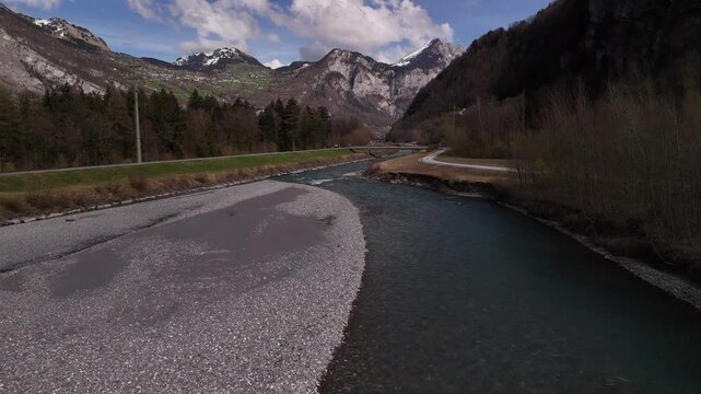 Aerial above Linth river Switzerland water mountain stream outdoor nature