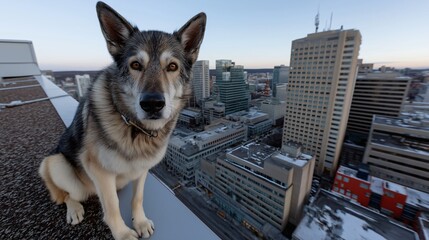 Dog sitting on rooftop of city building, breath taking view from above 